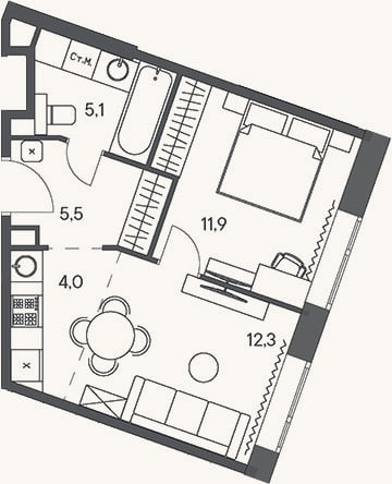Планировка: 2-к, 38,8 м²