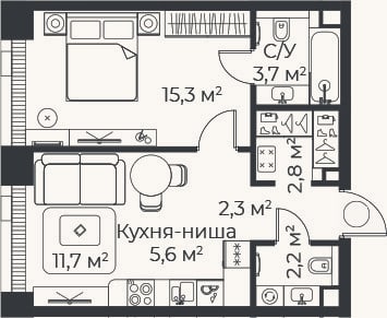 Планировка: 2-к, 43,6 м²