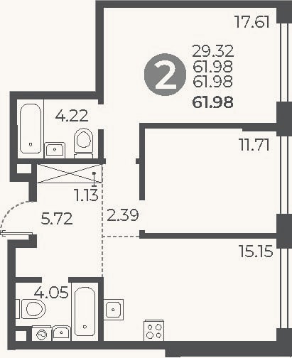 Планировка: 2-к, 62 м²