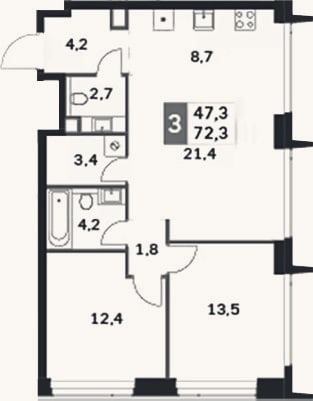 Планировка: 3-к, 72,3 м²