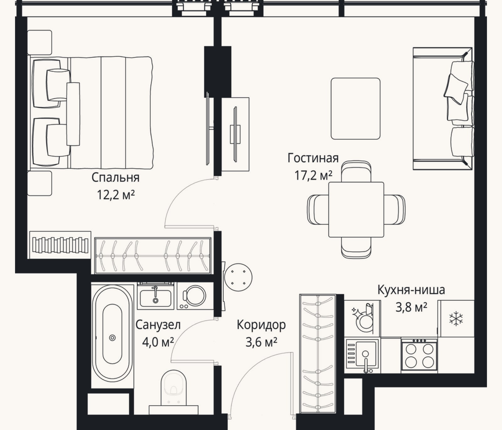 Планировка: 2-к, 40,8 м²