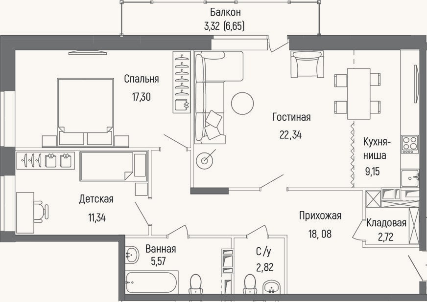 Планировка: 3-к, 89,3 м²