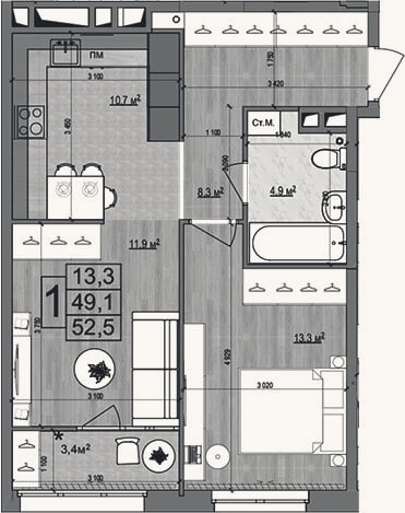 Планировка: 2-к, 49,1 м²