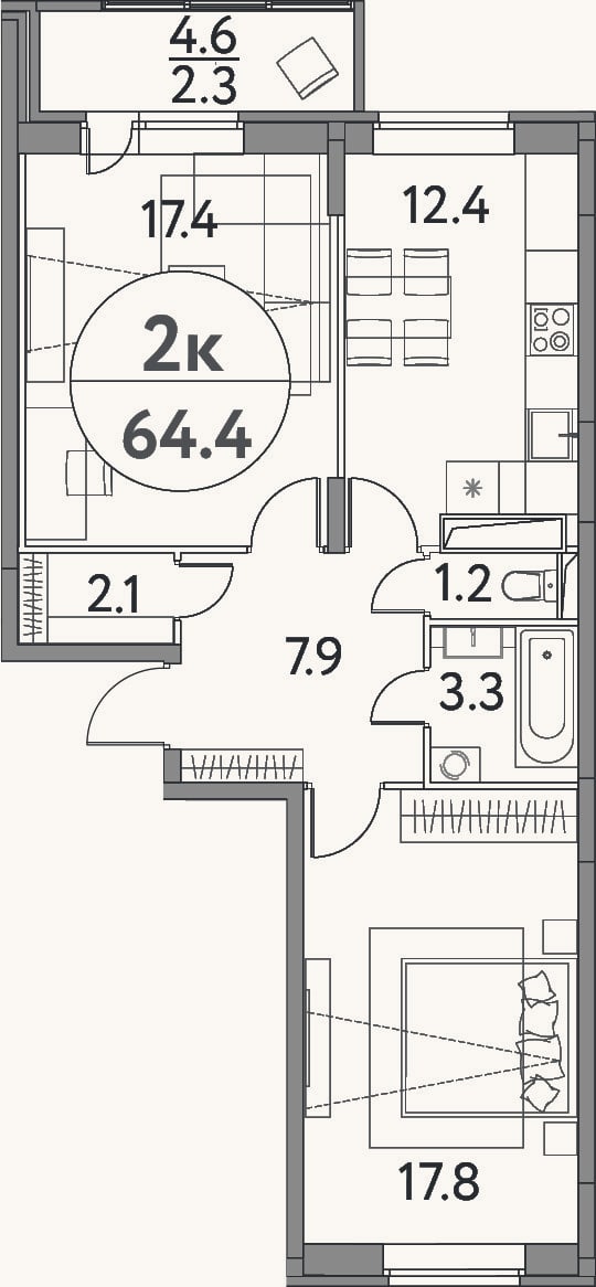 Планировка: 2-к, 62,1 м²