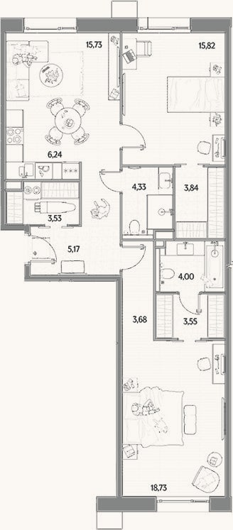 Планировка: 3-к, 84,6 м²