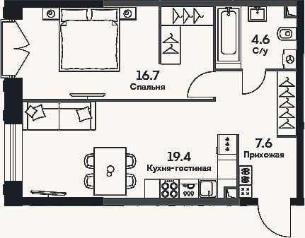 Планировка: 2-к, 48,3 м²