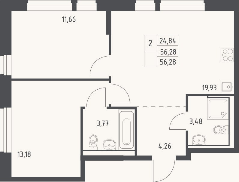 Планировка: 3-к, 56,3 м²