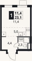 Планировка: Студия, 23,1 м²