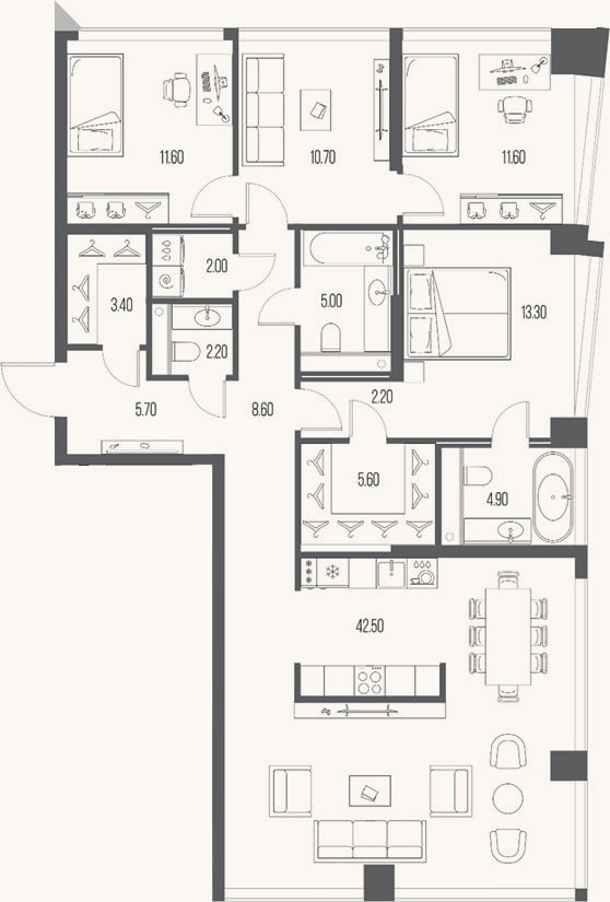 Планировка: 3-к, 129,3 м²