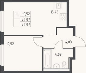 Планировка: 2-к, 34,1 м²