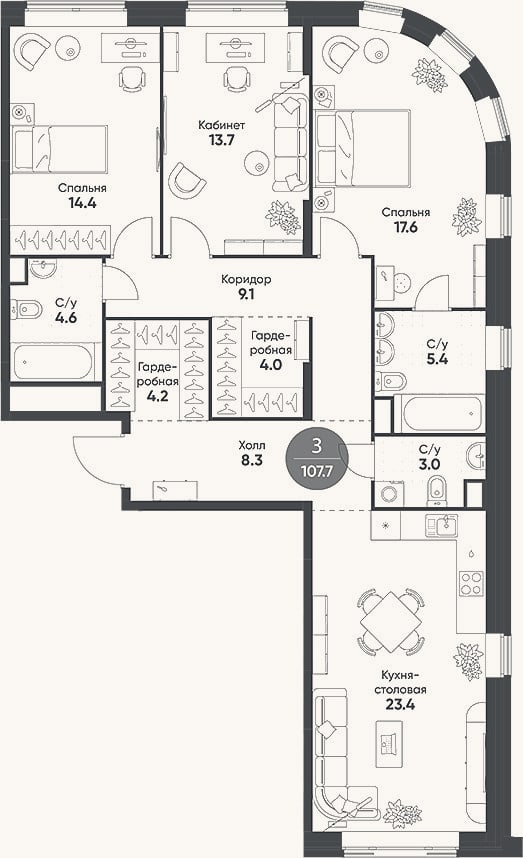 Планировка: 4+ к, 107,7 м²
