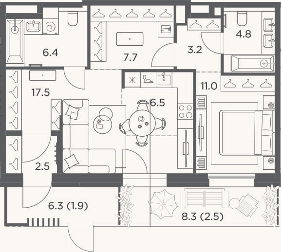 Планировка: 2-к, 59,6 м²