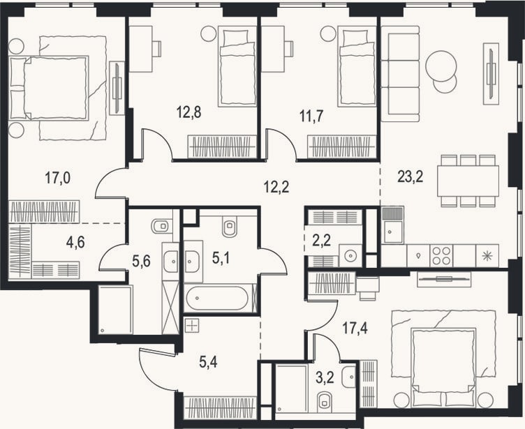 Планировка: 4+ к, 120,4 м²