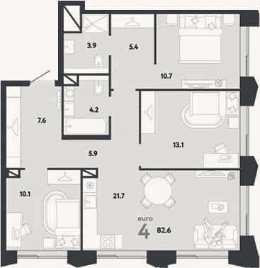 Планировка: 4+ к, 82,6 м²