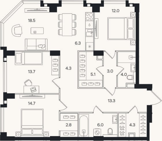 Планировка: 4+ к, 108 м²