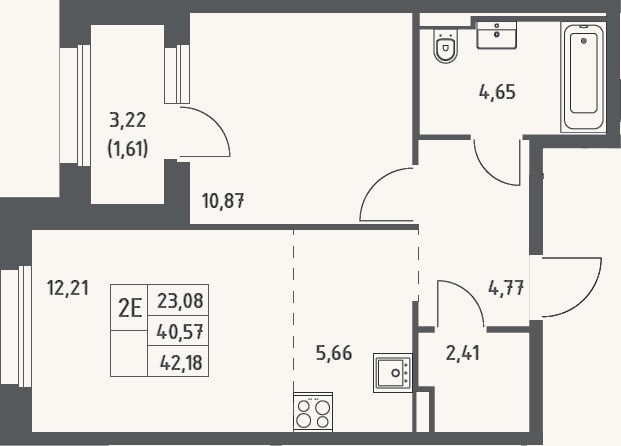 Планировка: 2-к, 40,6 м²