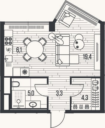 Планировка: Студия, 38,1 м²