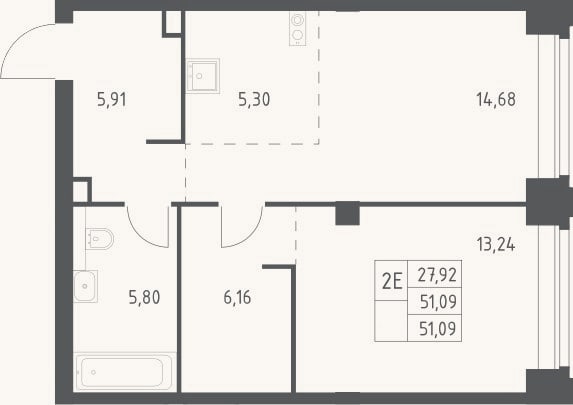 Планировка: 2-к, 51,1 м²