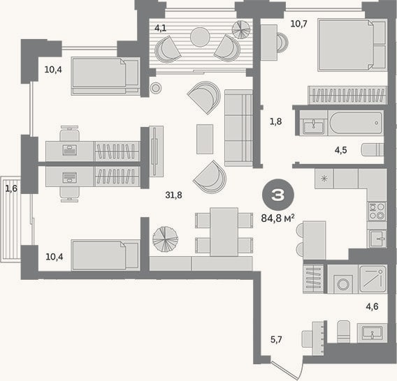 Планировка: 3-к, 79,1 м²