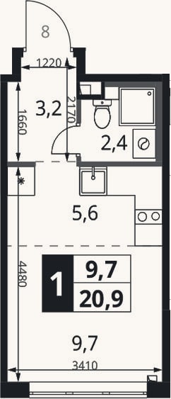 Планировка: Студия, 20,9 м²