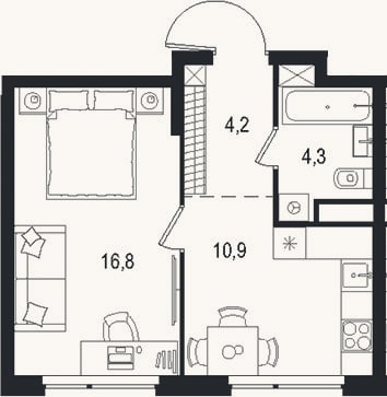 Планировка: 1-к, 36,2 м²