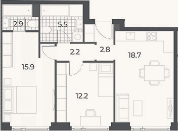 Планировка: 3-к, 60,2 м²