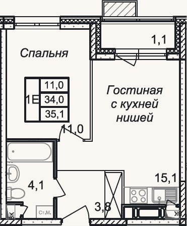 Планировка: 2-к, 34 м²