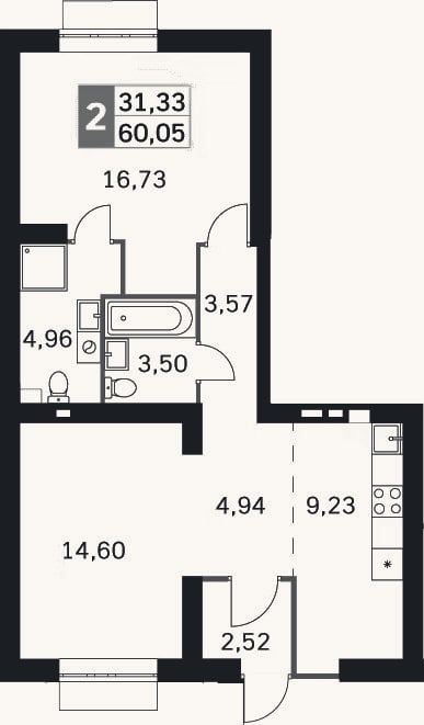 Планировка: 2-к, 60,1 м²