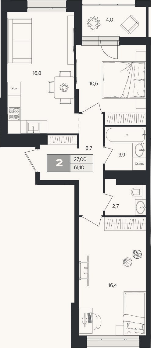 Планировка: 2-к, 59,1 м²