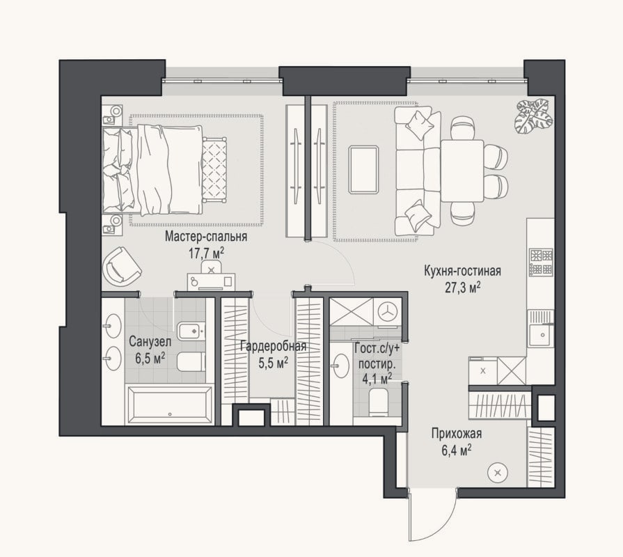 Планировка: 2-к, 67,4 м²