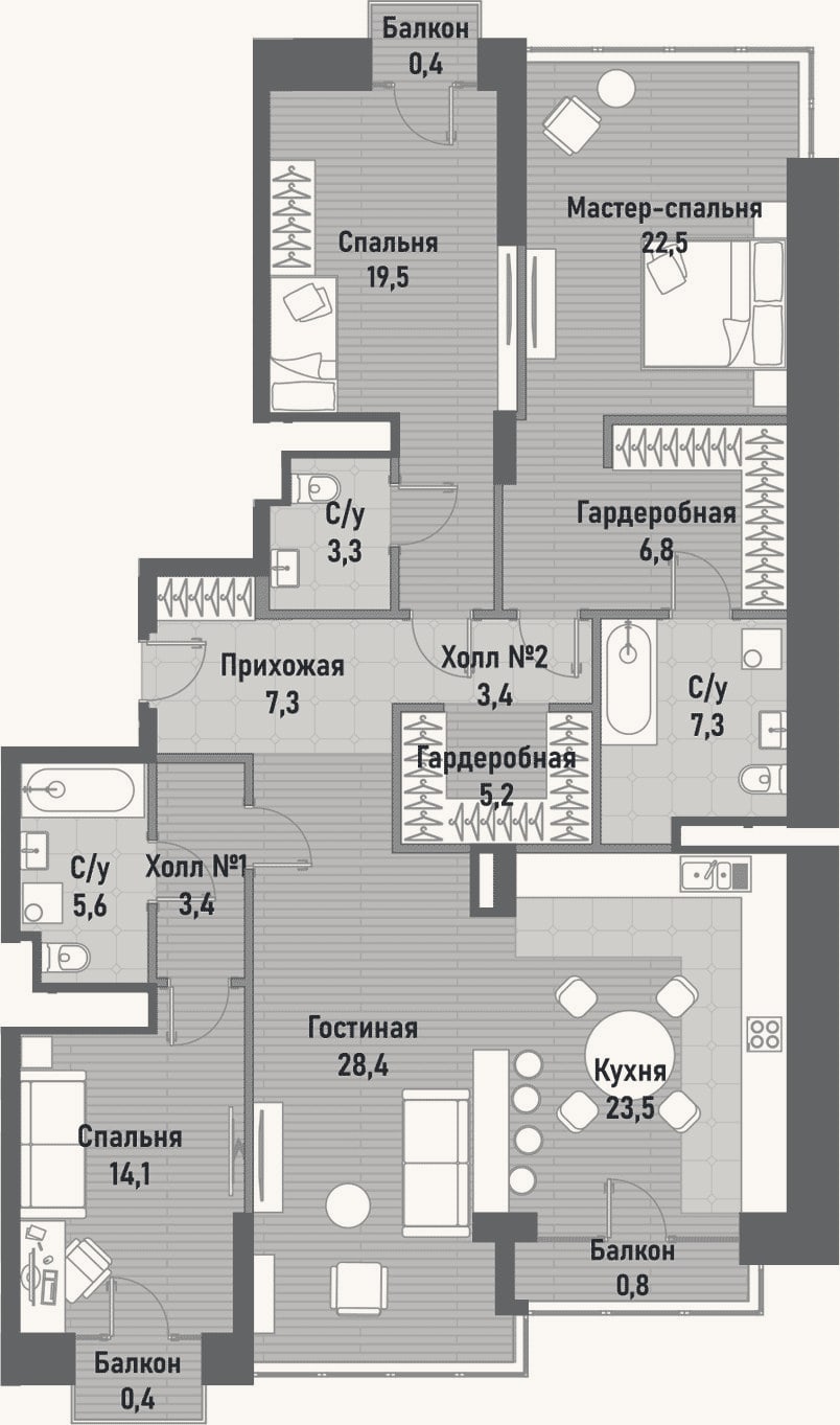 Планировка: 4+ к, 151,7 м²
