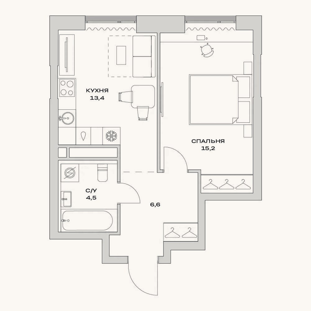 Планировка: 1-к, 39,7 м²
