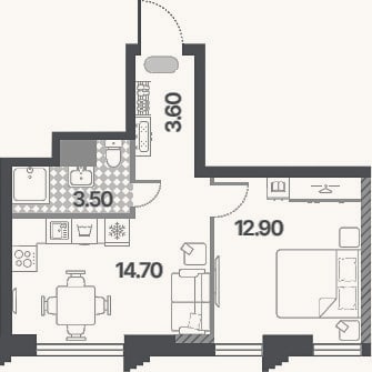 Планировка: 2-к, 34,7 м²