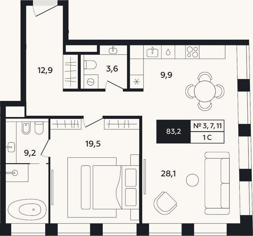 Планировка: 2-к, 82,1 м²