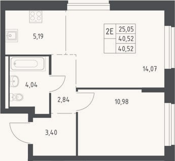 Планировка: 2-к, 40,5 м²
