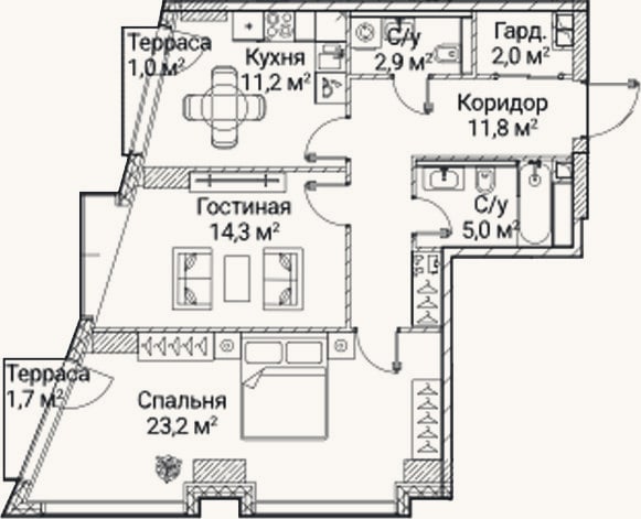 Планировка: 2-к, 68,4 м²