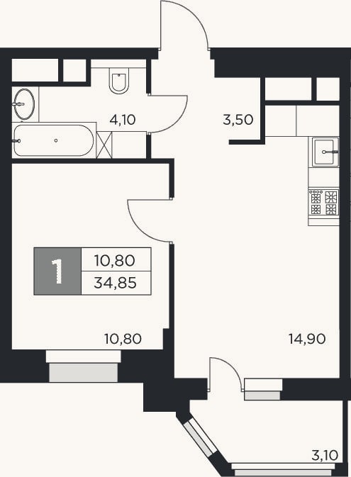 Планировка: 1-к, 33,3 м²