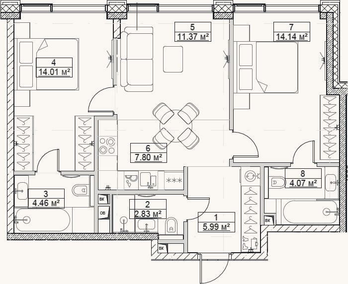 Планировка: 3-к, 64,7 м²