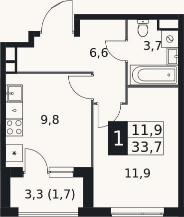 Планировка: 1-к, 32 м²