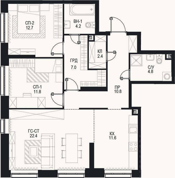 Планировка: 3-к, 87,7 м²