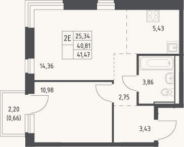 Планировка: 2-к, 40,8 м²