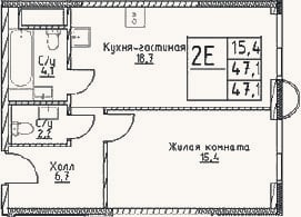 Планировка: 2-к, 47,1 м²