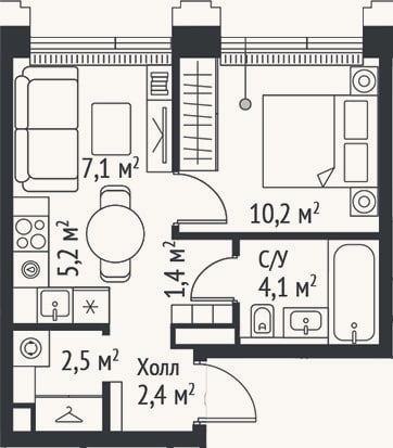 Планировка: 2-к, 32,9 м²