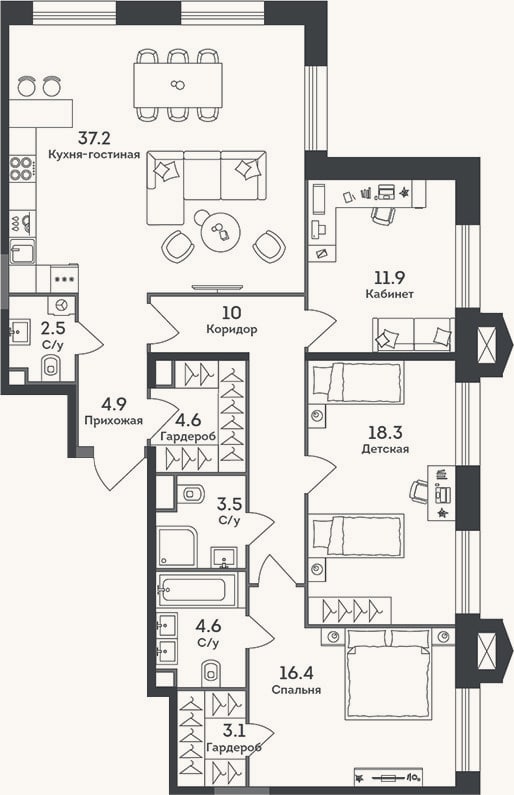 Планировка: 4+ к, 117 м²