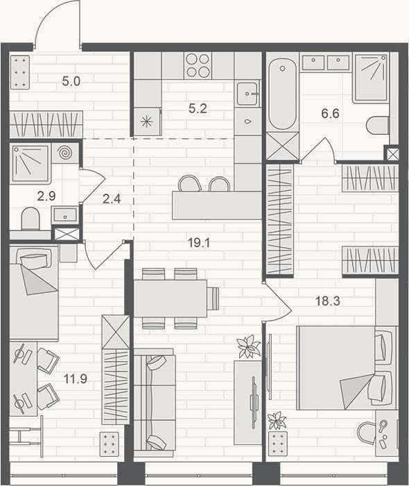 Планировка: 3-к, 71,4 м²