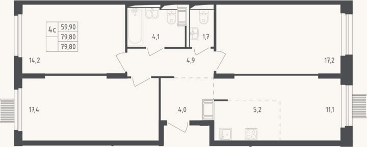 Планировка: 4+ к, 78,8 м²