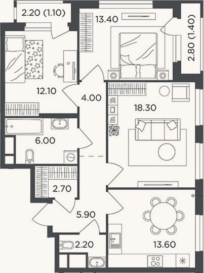 Планировка: 3-к, 78,2 м²