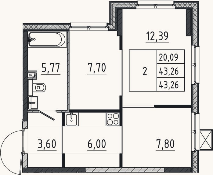 Планировка: 2-к, 43,3 м²