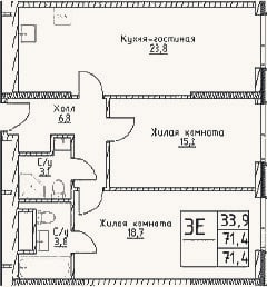 Планировка: 3-к, 71,4 м²