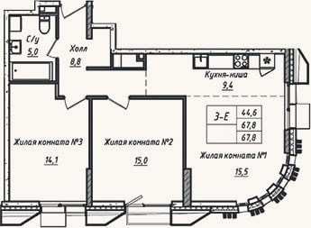 Планировка: 3-к, 67,8 м²